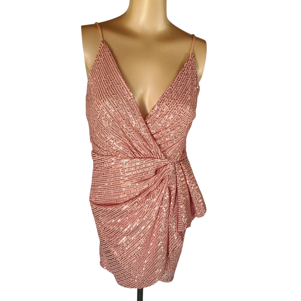 DOUBLE CRAZY Rose Pink Sequin Mini Wrap Dress - Size Small - Party/Cocktail